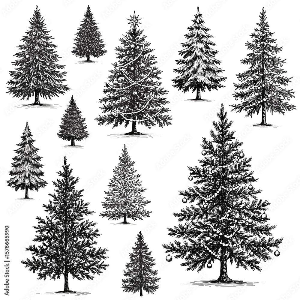 Obraz premium Collection of Christmas trees – vintage ink sketch hand-drawn black and white vector illustration