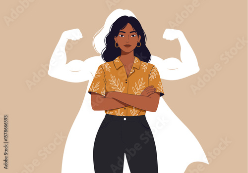 A confident young woman with dark skin stands with crossed arms, her inner power symbolized by a superhero shadow with flexing muscles.