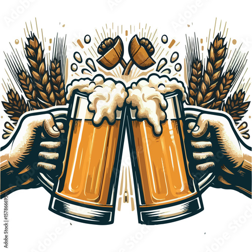 Cheers beer mugs clinking vintage pub celebration graphic