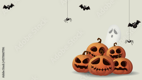 3D Halloween pumpkins, ghost, bats and spider on horizontal gray background graphic illustration have blank space.