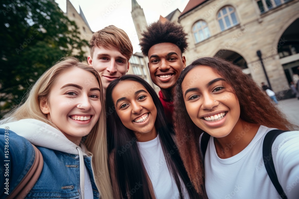 Obraz premium Group of cheerful young students taking a selfie in a european city during their vacation