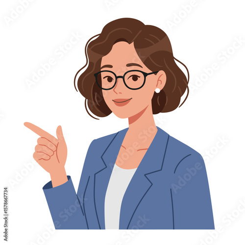 An illustrated businesswoman with glasses and a blue blazer points her finger to the side, offering a gesture of guidance or direction, on a white background.