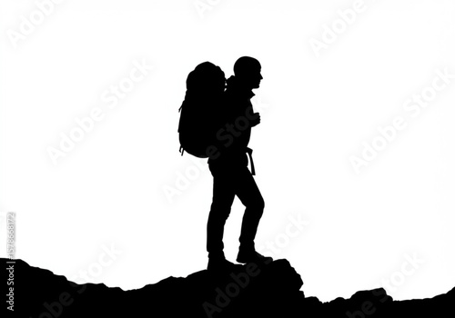 Silhouette of a hiker with a large backpack standing on a rocky outcrop
