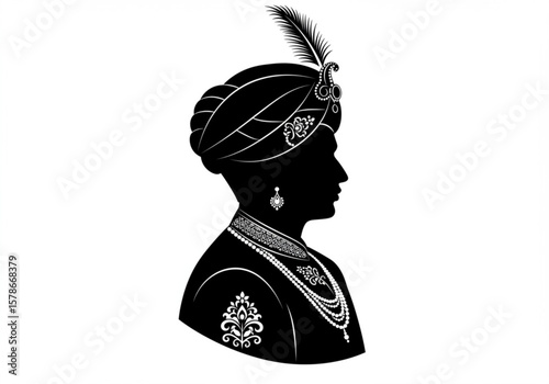 Silhouette of a regal indian man wearing a traditional turban and ornate jewelry