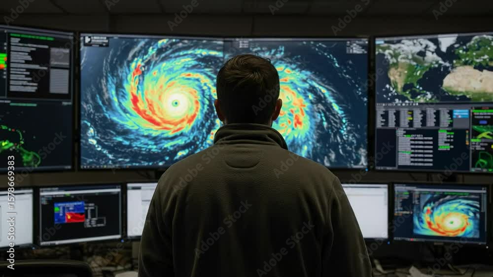 Male weather forecaster in a dark control room monitoring a hurricane on a wall of screens. Storm tracking and data analysis for disaster prediction.
