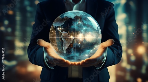 A businessman holds a digital earth globe in his hands, showcasing global connectivity and a modern, futuristic business approach.
