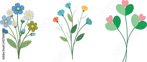 Three floral arrangements with different styles on transparent background