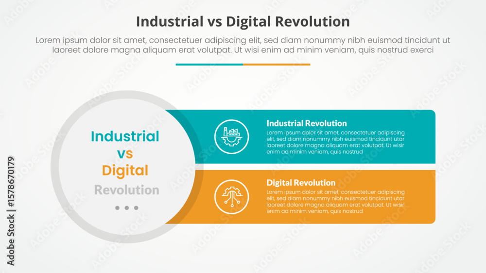 Fototapeta premium industrial vs digital revolution comparison opposite infographic concept for slide presentation with big circle and sharp rectangle with flat style