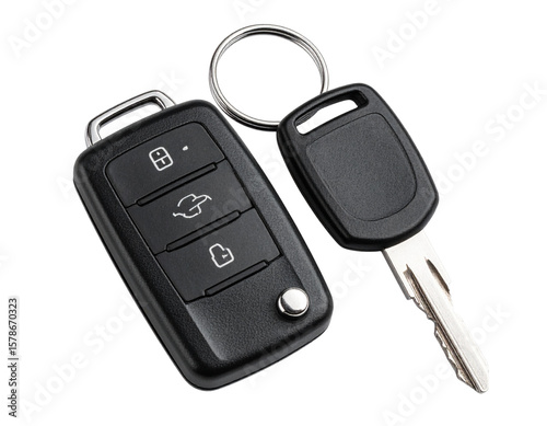 Modern Car Key Fob with Metal Key Attached to Minimalist Keyring, Side Angle, Transparent PNG.