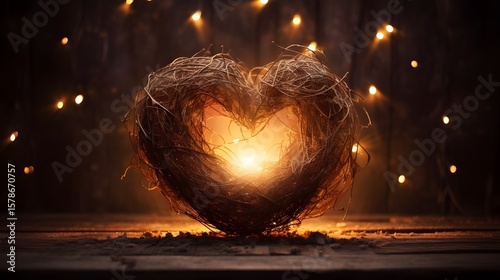 Obraz na płótnie A rustic heart made of twigs glows warmly with festive lights, a symbol of love and holiday cheer in a cozy ambiance