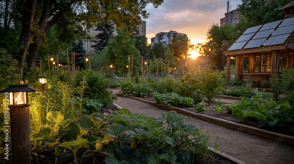 Fototapeta premium Urban Garden Oasis at Sunset: Serene view of an urban garden at dusk, showcasing rows of flourishing plants and pathways, framed by the setting sun.