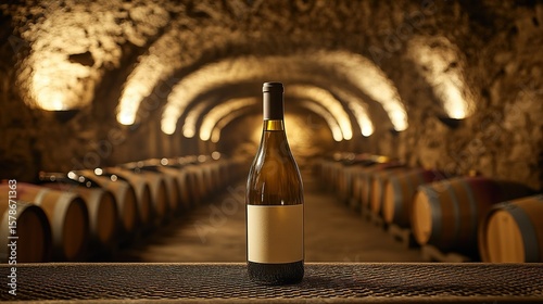 White wine bottle on metal rack in wine cellar, surrounded by oak barrels, warm yellow light, vintage mellow