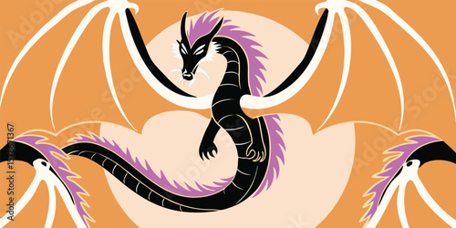 Black dragon with purple mane and orange wings mythical creature