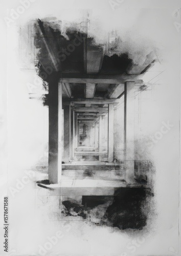 Architectural chiaroscuro texture layered tracing paper graphite smudge transitions concrete void effect, ideal for book cover designs and print layout templates.
