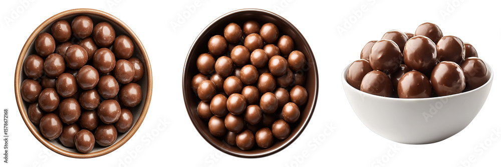 Set of chocolate malt balls in a bowl isolated on transparent background Set of chocolate malt balls in a bowl isolated on transparent background