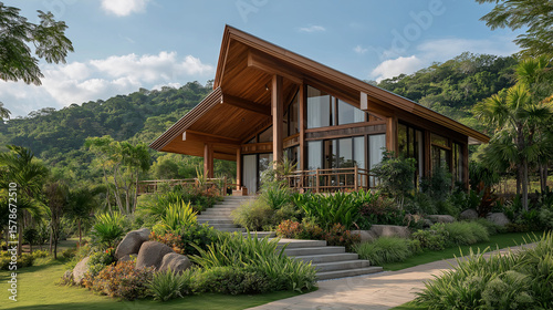 Serene Wooden Lodge Amidst Nature: A breathtaking wooden lodge, seamlessly blends with the surrounding lush landscape and green mountains, embodying tranquility and architectural grace.