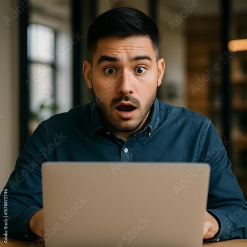 Hombre hispano sorprendido mirando una computadora portátil en la oficina