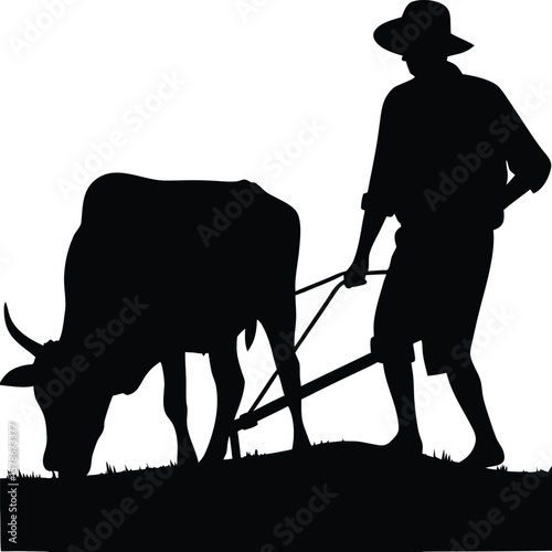 Silhouette of Farmer Plowing Field with Oxen, Farmer Plowing with Oxen Silhouette, Traditional Oxen Plowing Silhouette, Silhouette of Farmer and Oxen in Field