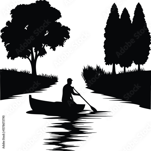 Silhouette of Man Paddling Boat on River, Man Rowing Traditional Boat Silhouette, River Scene with Man Paddling, Silhouette of Lone Paddler on River