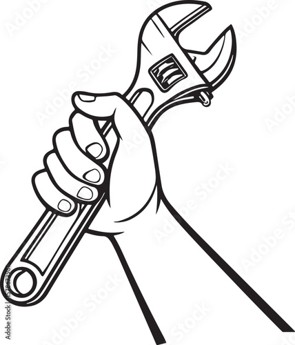 A detailed hand-drawn illustration of a worker gripping a wrench, representing hard work and mechanical labor.
