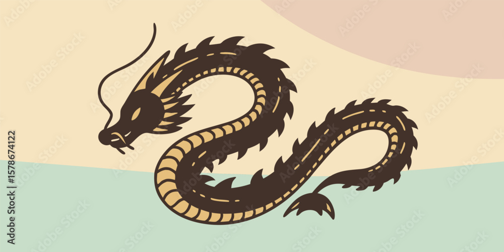 Obraz premium Brown dragon with golden accents on pale background