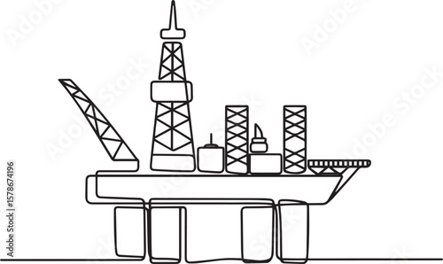  one line drawing of offshore oil drilling platform with central derrick and multiple deck levels