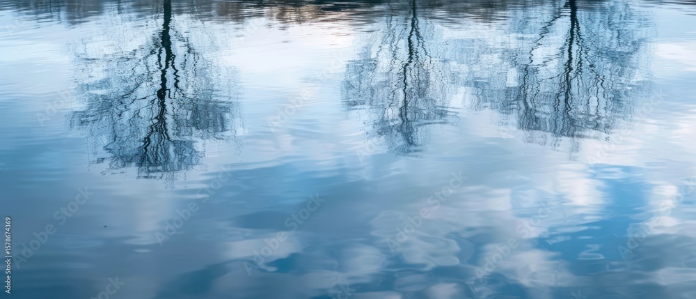 Water reflections Minimalist composition of a still lake reflecting the sky and surrounding trees soft ripples distorting the mirrored transparent. Water reflections Minimalist composition of a still lake reflecting the sky and surrounding trees soft ripples distorting the mirrored transparent.