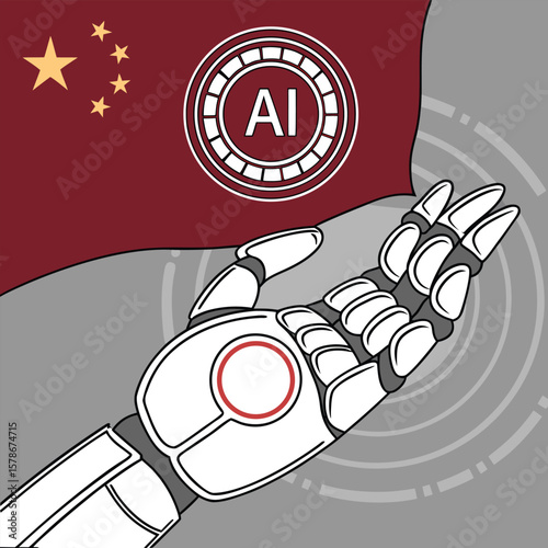 China s AI Technology and Future Development featuring a robotic hand holding a symbol of artificial intelligence with the Chinese flag in the background representing