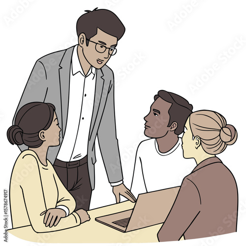 Diverse team collaborating on a project with a laptop led by a mentor or supervisor in a modern and inclusive business environment illustration