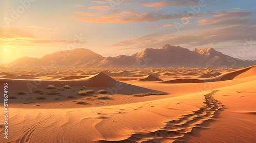 Vast desert landscape under a warm sunset featuring golden sand dunes and distant mountains in a peaceful, natural setting.