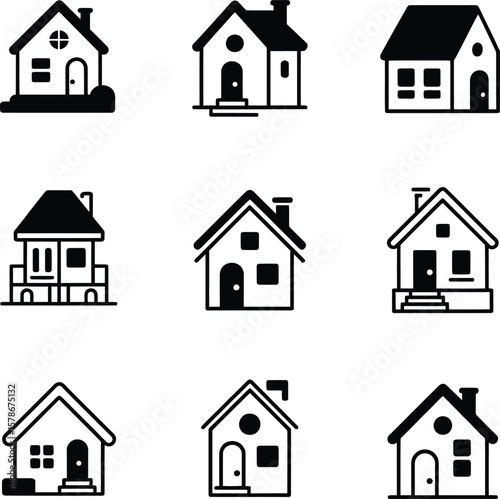 Vector Real Estate House Icons: A Set of Solid and Outline Home Designs for Property Concepts.