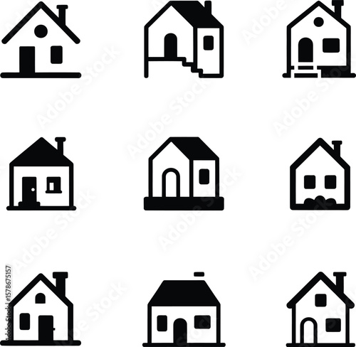 Vector Residential Houses Solid Icons: Diverse Home Styles for Property and Housing Concepts.
