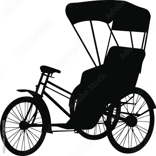 Side view of traditional rickshaw in vector silhouette style representing cultural street transport, Side view rickshaw vector, Traditional rickshaw side, Rickshaw silhouette side