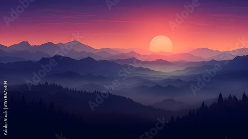 Majestic sunset bathes a misty mountain range in vibrant shades of orange, purple, and blue, creating a serene vista.