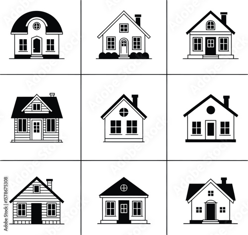 Vector Residential Houses Solid Icons: A Collection of Home Designs for Property and Housing Themes.