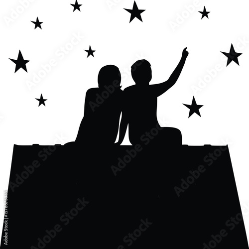 Two friends sitting on rooftop stargazing at night sky in peaceful silhouette illustration, Friends stargazing on rooftop, Night rooftop silhouette scene, Stargazing friends vector