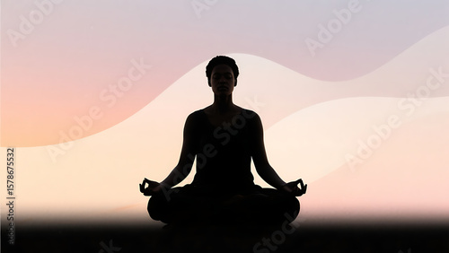 Silhouette of a serene Black woman meditating in a peaceful yoga pose against a soft pastel background, promoting mindfulness and inner peace