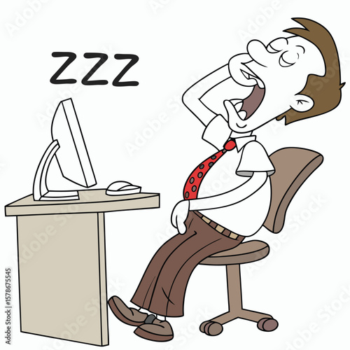 Cartoon man sleeping at his desk with ZZZ text representing fatigue exhaustion burnout or boredom in the workplace rendered in a simple clean illustration style