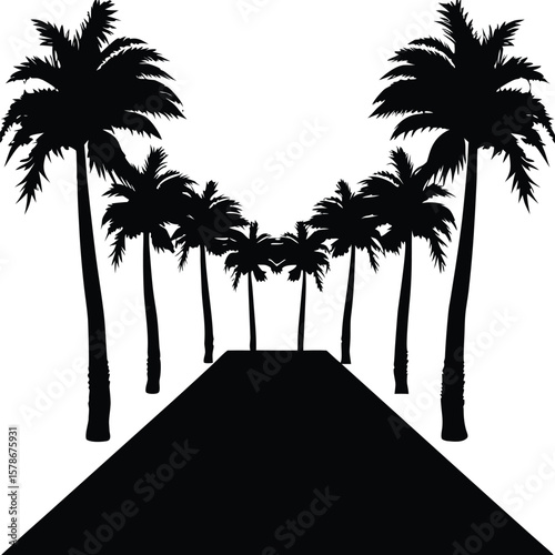 Scenic village path with tall palm trees on both sides in a tropical countryside landscape, Tropical village palm road, Rural path with palm trees, Countryside trail with palms