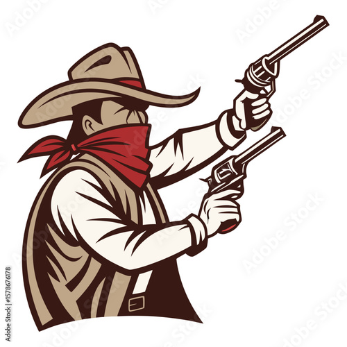Vintage Style Cowboy Bandit with Guns Masked Outlaw Illustration Western Theme Wild West Character Retro Design Duelist Gunfighter Armed Isolated on White Background Vector Illustration
