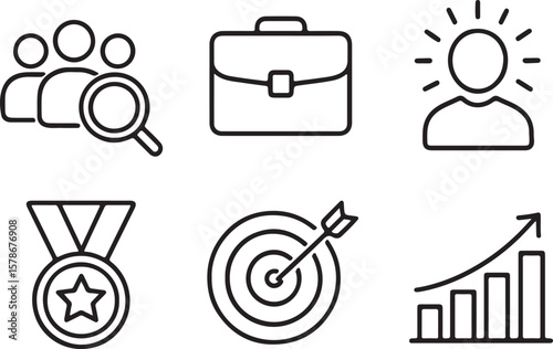 Business success icons including people search briefcase medal target and growth chart