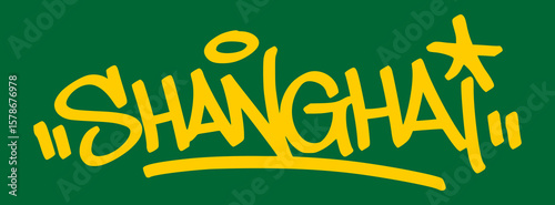 Graffiti tag “shanghai” in yellow on green background. Bold casino-style street art with urban vibes, hinting at nightlife, games, and global gambling energy.
