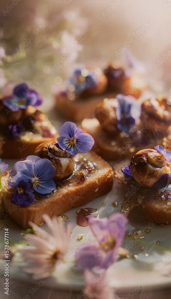 Fototapeta premium French escargots elegantly plated on toast with truffle oil drizzle and edible flowers
