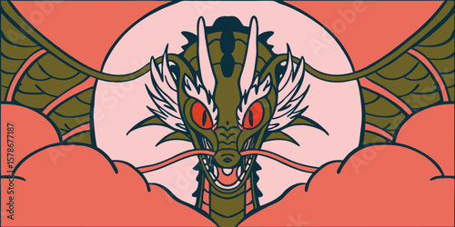 Dragon head with red eyes and wings mythical creature