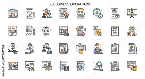 A collection of fifty business operations icons, depicting various business-related activities and processes.