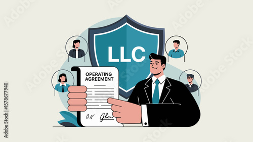 business founder holding a signed operating agreement, vector illustration for establishing an llc, defining a business partnership and corporate governance