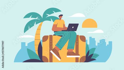 digital nomad working on laptop while sitting on a suitcase, vector illustration for remote work, freelance lifestyle and global business travel