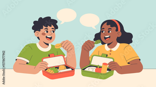 two children talking and eating from lunchboxes, vector illustration for school lunch break, childhood friendship and social communication