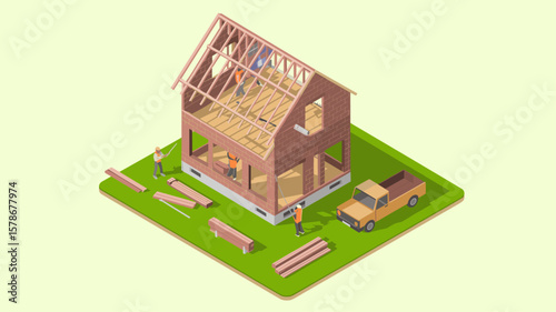 team of builders on a residential construction site, isometric vector illustration for home construction, real estate development and building industry