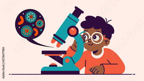 student scientist looking through a microscope at microbes, vector illustration for scientific discovery, childhood curiosity and stem education